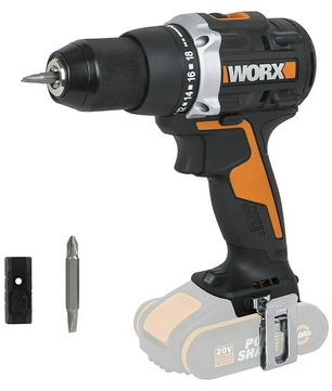 Der graue WORX WX102.9 Akku-Bohrschrauber kommt kabellos mit Bit, Akkuhalter, Gürtelclip und bürstenlosem Motor.