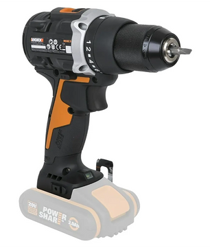 Ein grauer WORX WX102.9 Akku-Bohrschrauber mit fehlendem Akkupack und bürstenlosem Motor, von der Seite betrachtet.