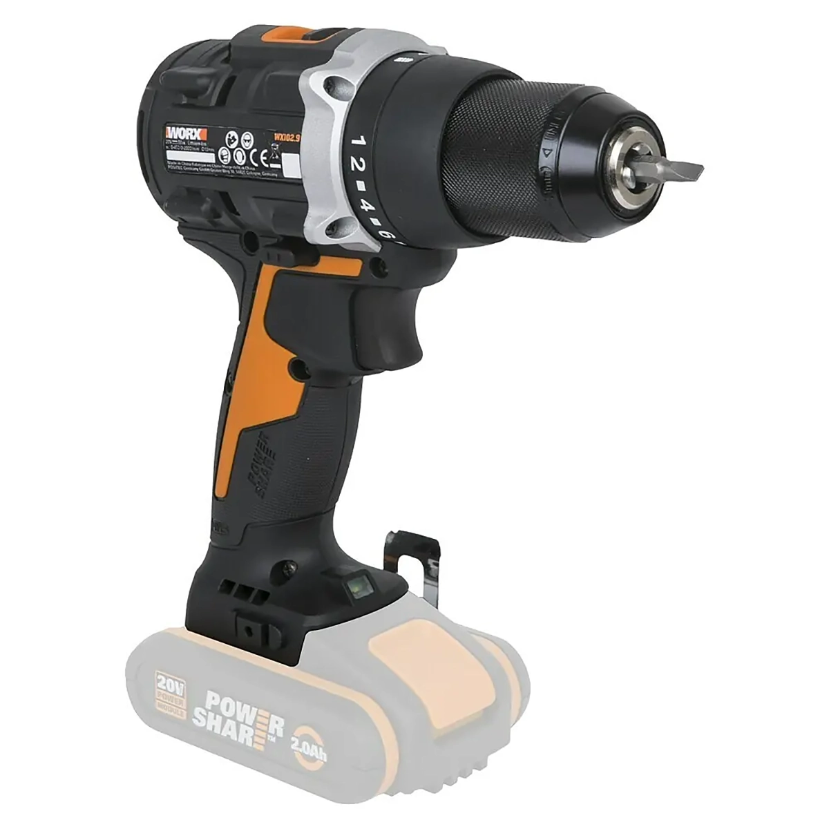 Ein grauer WORX WX102.9 Akku-Bohrschrauber mit fehlendem Akkupack und bürstenlosem Motor, von der Seite betrachtet.