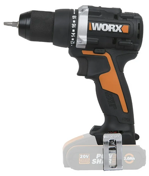Der graue WORX WX102.9 Akku-Bohrschrauber, hier mit aufgesetztem Bit und ohne Akkupack, verfügt über einen bürstenlosen Motor für effiziente Leistung.