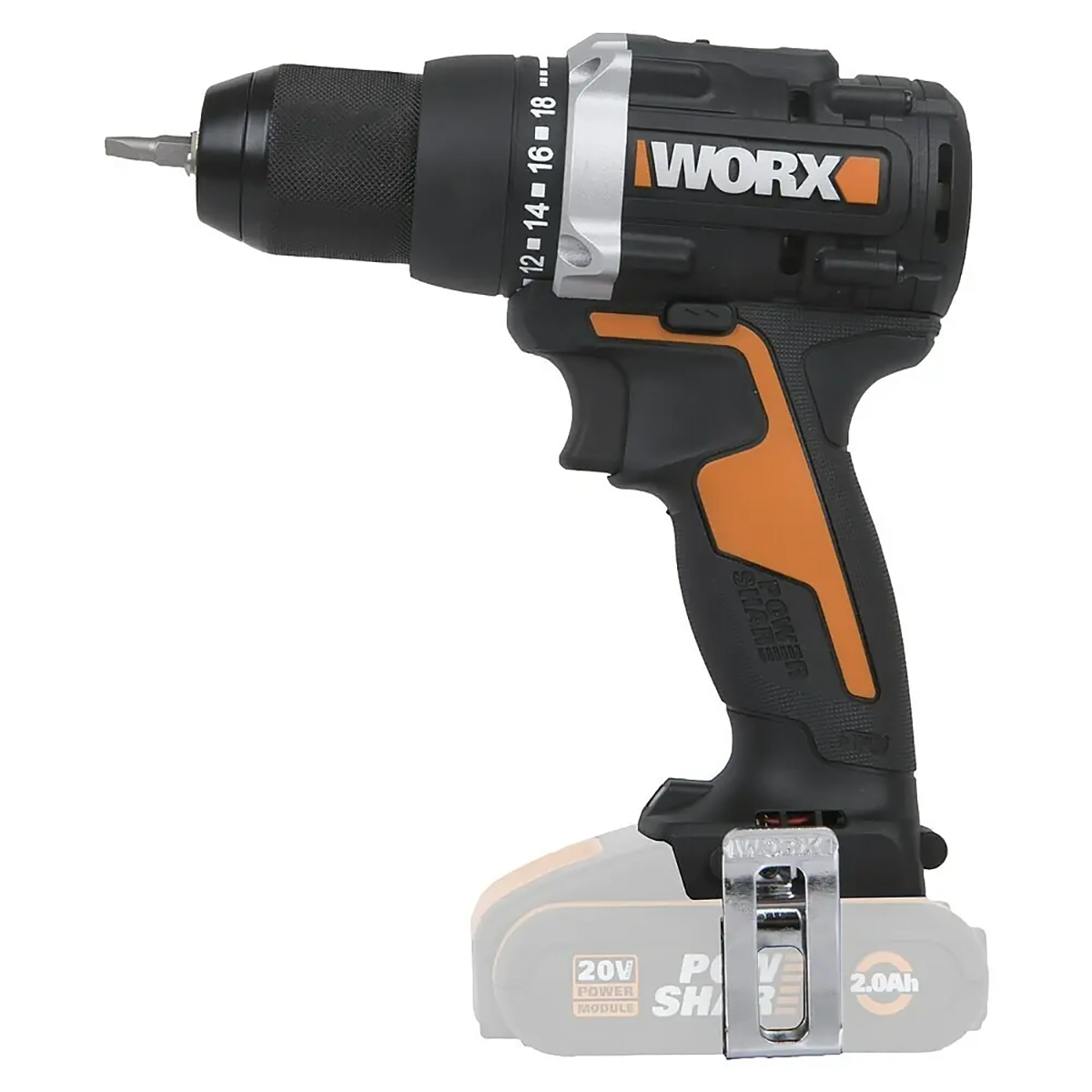 Der graue WORX WX102.9 Akku-Bohrschrauber, hier mit aufgesetztem Bit und ohne Akkupack, verfügt über einen bürstenlosen Motor für effiziente Leistung.