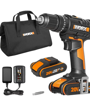 Das graue WORX WX370.1 Akku Schlagbohrschrauber-Set enthält einen 20-V-Lithium-Ionen-Akku, ein Ladegerät, einen Bohrer und eine Tragetasche.