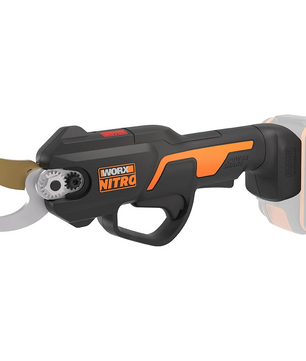Die WORX Nitro WG330E Akku-Astschere von WORX hat ein graues Design; hier ohne angebrachten Akku abgebildet.