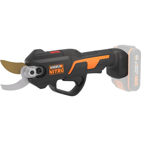 Die WORX Nitro WG330E Akku-Astschere von WORX hat ein graues Design; hier ohne angebrachten Akku abgebildet.