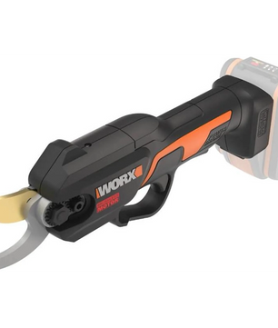 Graue WORX Nitro WG330E kabellose elektrische Astschere von WORX, mit sichtbarer gebogener Klinge.