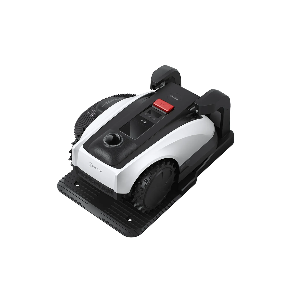 Der ECOVACS GOAT O1200 LiDAR PRO Rasenmähroboter in Weiß steht auf seiner Ladestation. Er besticht durch sein elegantes Design und den roten Knopf oben und verfügt über eine fortschrittliche LiDAR-Navigation für präzises Mähen.