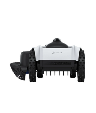 Vorderansicht des weißen ECOVACS GOAT O1200 LiDAR PRO Rasenmähroboters mit großen schwarzen Rädern, seitlicher Bürste und fortschrittlicher LiDAR-Navigation für präzises Mähen.