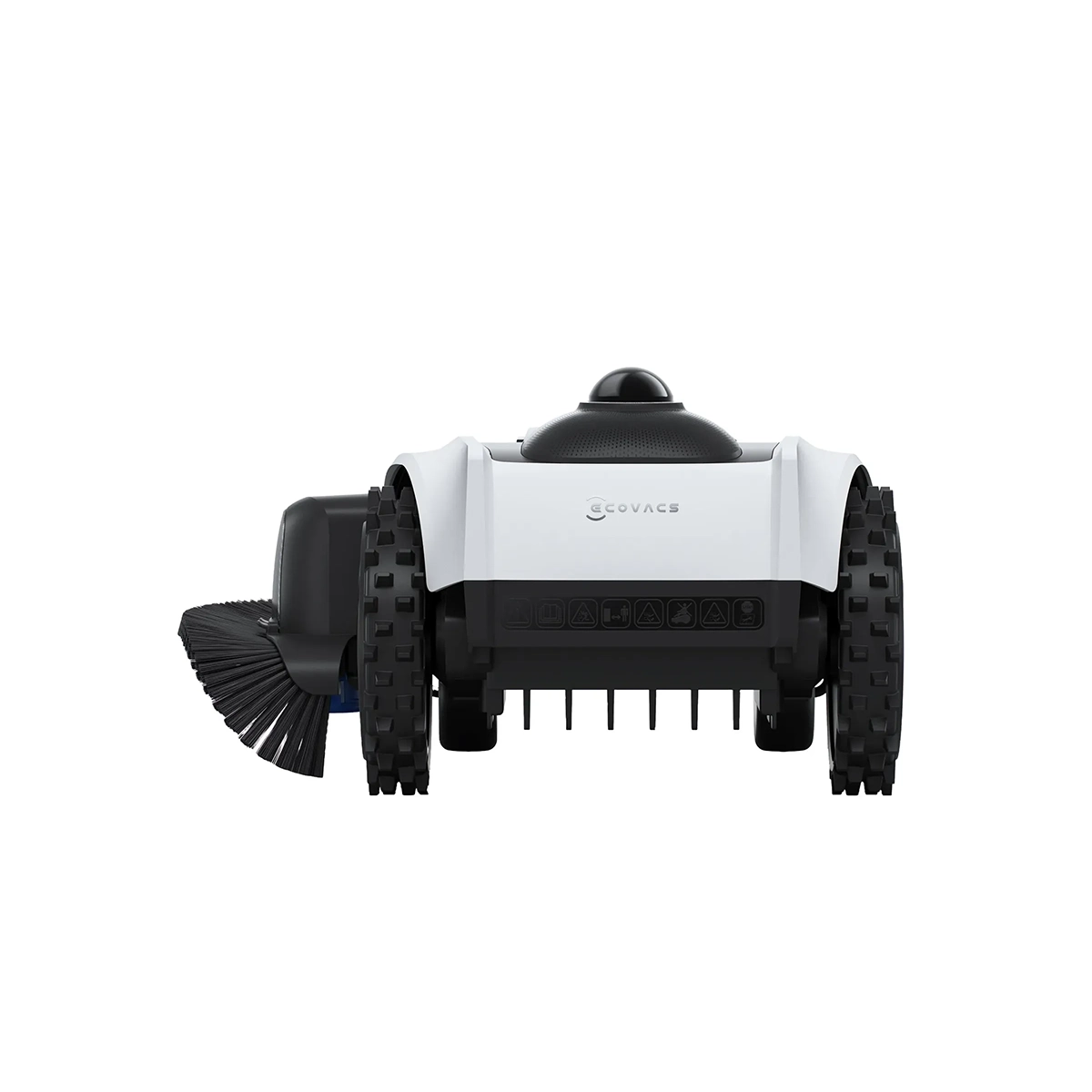 Vorderansicht des weißen ECOVACS GOAT O1200 LiDAR PRO Rasenmähroboters mit großen schwarzen Rädern, seitlicher Bürste und fortschrittlicher LiDAR-Navigation für präzises Mähen.
