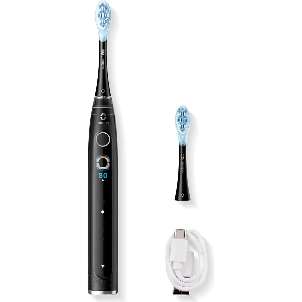 Die OCLEAN Elektrische Zahnbürste X Pro 20 - Schwarz von OCLEAN bietet mit blauer Schallzahnbürste, extra Aufsteckbürste und weißem USB-Ladekabel effektive Reinigung und modernes Design.