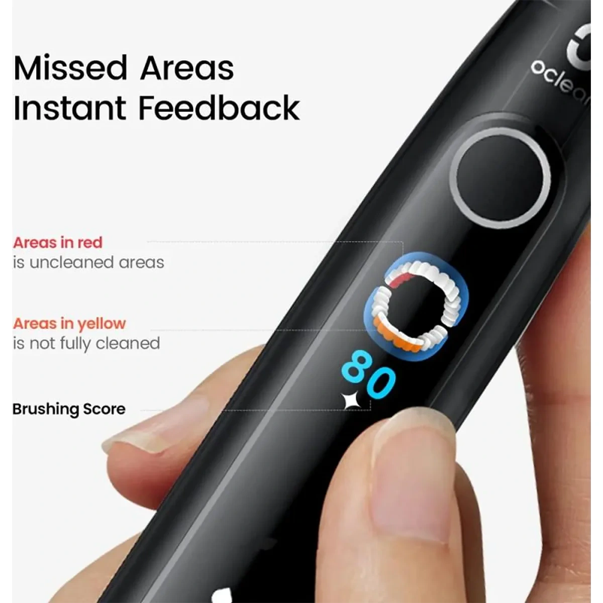 Eine Hand hält die OCLEAN Elektrische Zahnbürste X Pro 20 - Schwarz, die Bürstenergebnisse und Rückmeldungen über verpasste oder nicht gereinigte Stellen anzeigt.