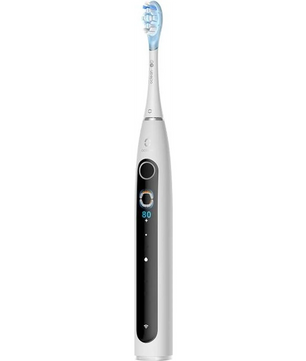 Die OCLEAN Elektrische Zahnbürste X Pro 20 in Weiß verfügt über einen schwarzen Displaybildschirm und blaue Borsten.