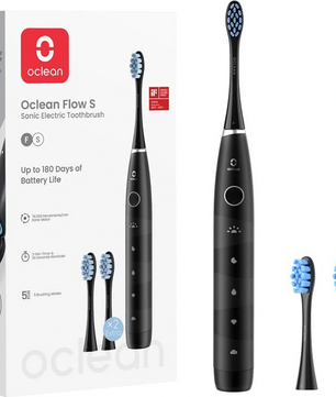 Die OCLEAN Oclean Flow S Elektrische Zahnbürste in Schwarz überzeugt mit langer Akkulaufzeit, praktischer Aufbewahrungsbox, zusätzlichen Bürstenköpfen und umfassenden Zahnreinigungsfunktionen laut Verpackung.