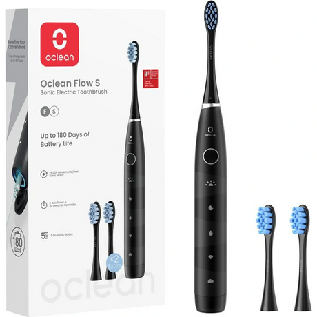 Die OCLEAN Oclean Flow S Elektrische Zahnbürste in Schwarz überzeugt mit langer Akkulaufzeit, praktischer Aufbewahrungsbox, zusätzlichen Bürstenköpfen und umfassenden Zahnreinigungsfunktionen laut Verpackung.