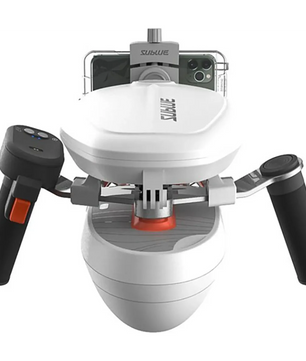 Frontansicht des Sublue WhiteShark Tini Unterwasserscooter - weiß von Sublue mit schwarzen Griffen und einem montierten Smartphone.