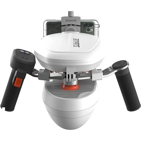 Frontansicht des Sublue WhiteShark Tini Unterwasserscooter - weiß von Sublue mit schwarzen Griffen und einem montierten Smartphone.