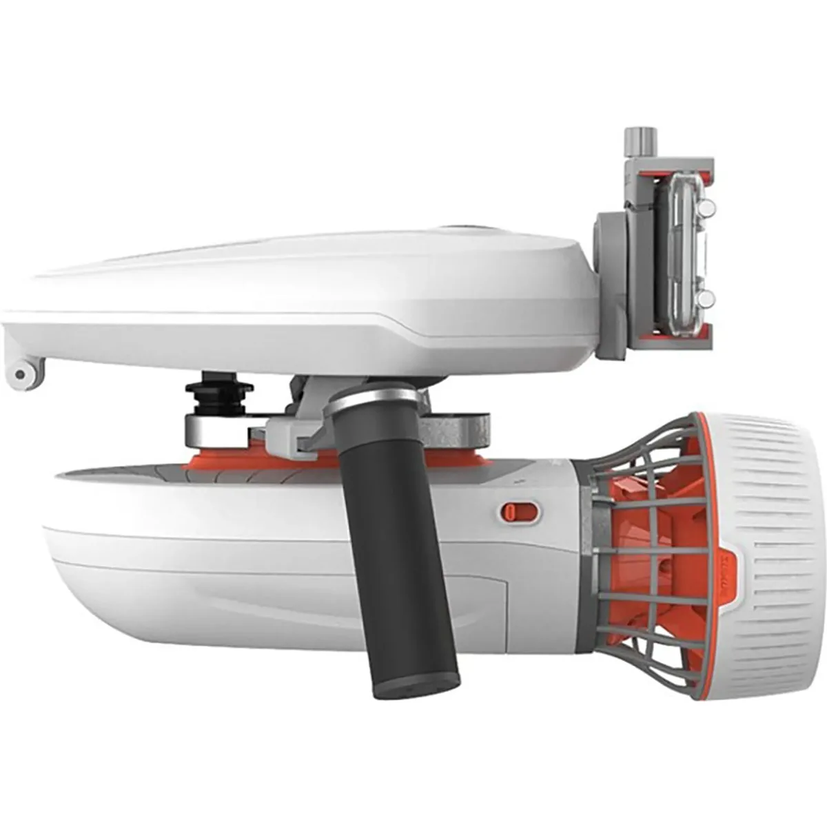 Entdecken Sie den Sublue WhiteShark Tini Unterwasserscooter - weiß: ein eleganter weißer Unterwasserscooter von Sublue mit schwarzem Griff und einer Action-Kamera-Halterung für aufregende Unterwasserabenteuer.