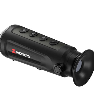 Das HIKMICRO Lynx LC06 Wärmebild Monokular in schwarz, mit Tasten und Gummiaugenmuschel, ist ideal für Naturbeobachtung und trägt das HIKMICRO-Logo.