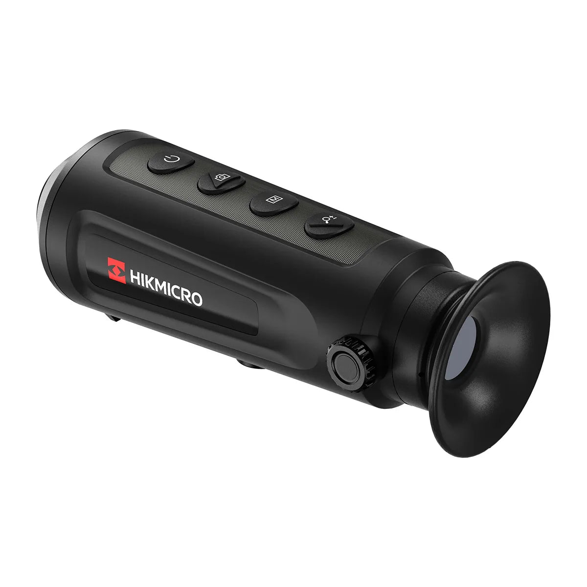 Das HIKMICRO Lynx LC06 Wärmebild Monokular in schwarz, mit Tasten und Gummiaugenmuschel, ist ideal für Naturbeobachtung und trägt das HIKMICRO-Logo.