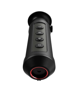 Das HIKMICRO Lynx LC06 Wärmebild Monokular in schwarz, mit Bedientasten und einer rot umrandeten Linse, ist ideal für die Naturbeobachtung und wird vor einem weißen Hintergrund gezeigt.