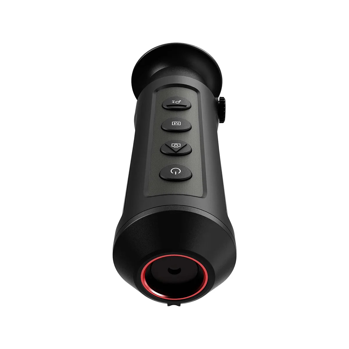 Das HIKMICRO Lynx LC06 Wärmebild Monokular in schwarz, mit Bedientasten und einer rot umrandeten Linse, ist ideal für die Naturbeobachtung und wird vor einem weißen Hintergrund gezeigt.