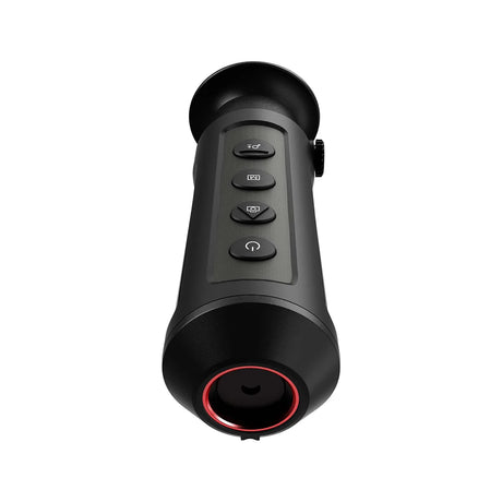 Das HIKMICRO Lynx LC06 Wärmebild Monokular in schwarz, mit Bedientasten und einer rot umrandeten Linse, ist ideal für die Naturbeobachtung und wird vor einem weißen Hintergrund gezeigt.