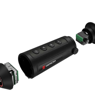 Explosionszeichnung des HIKMICRO Lynx LC06 Wärmebild Monokular - schwarz mit den einzelnen Komponenten im Inneren, perfekt für die Naturbeobachtung.