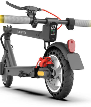 Der INVANTI E30 E Roller - grau von INVANTI ist ein gefalteter schwarzer E-Scooter mit Digitalanzeige, gelben Lenkergriffen und rotem Bremssattel - dieser straßenzugelassene Elektroroller ist ideal für den Stadtverkehr.