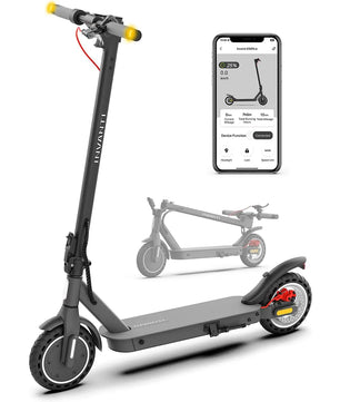 Der INVANTI E30 E Roller - grau von INVANTI, ein straßenzugelassener Elektroroller, verfügt über ein digitales Display und App-Steuerung. Aufrecht, zusammengeklappt und mit der Telefon-App im Hintergrund bietet er bequeme urbane Mobilität.
