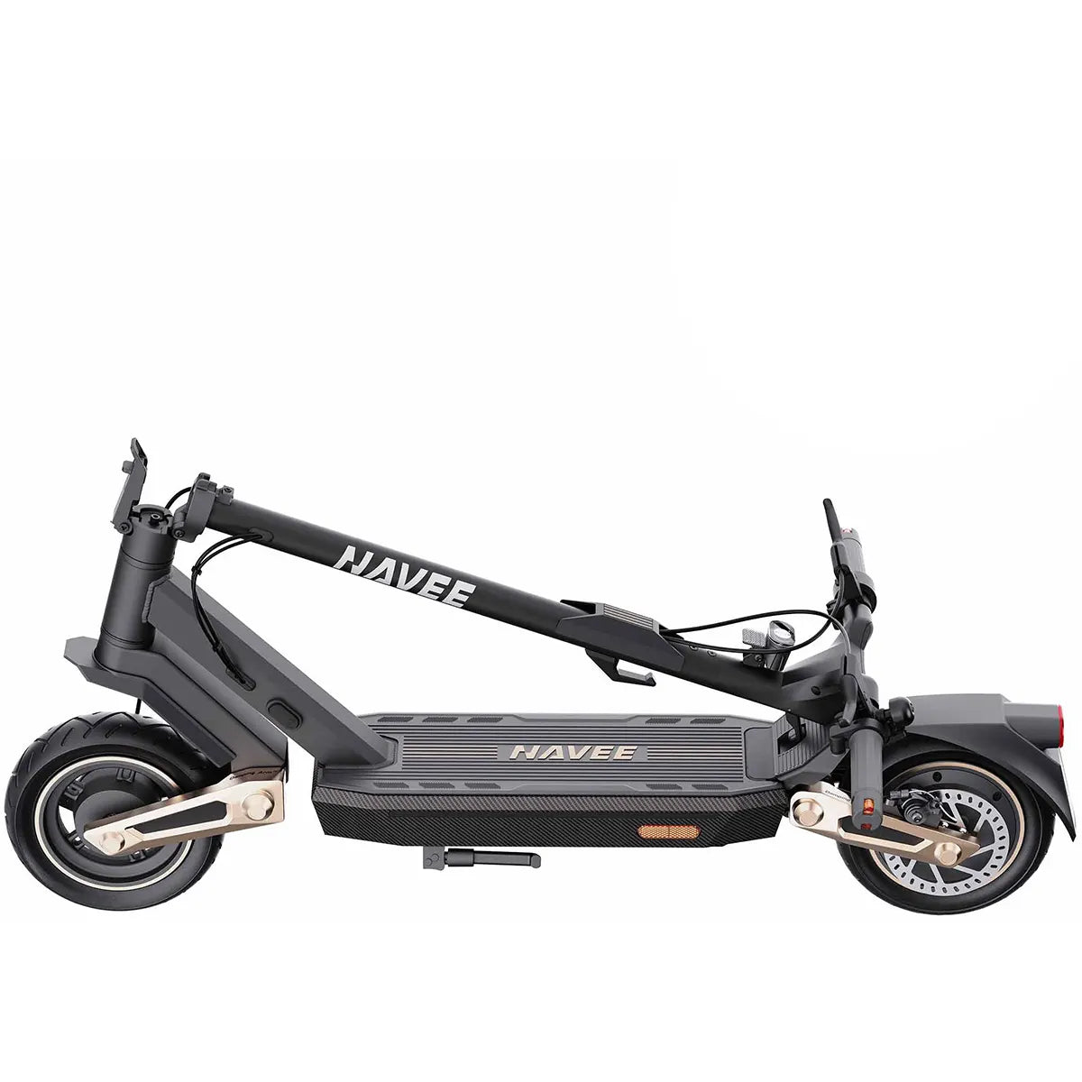Der E-Scooter NAVEE ST3 Pro in Schwarz von NAVEE wird im zusammengeklappten Zustand gezeigt, wobei seine Räder, das Deck und der Lenker besonders hervorgehoben werden. Er verfügt über eine elektrische Federung für ein komfortableres Fahrgefühl – alles vor einem weißen Hintergrund.