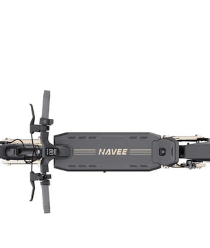 Draufsicht auf den NAVEE ST3 Pro E-Scooter – schwarz, mit dem „NAVEE“-Logo auf dem Deck, wobei Lenker und Räder zu sehen sind und die innovative elektrische Federung für eine sanfte Fahrt zur Geltung kommt – perfekt für E-Scooter-Fans in Deutschland.