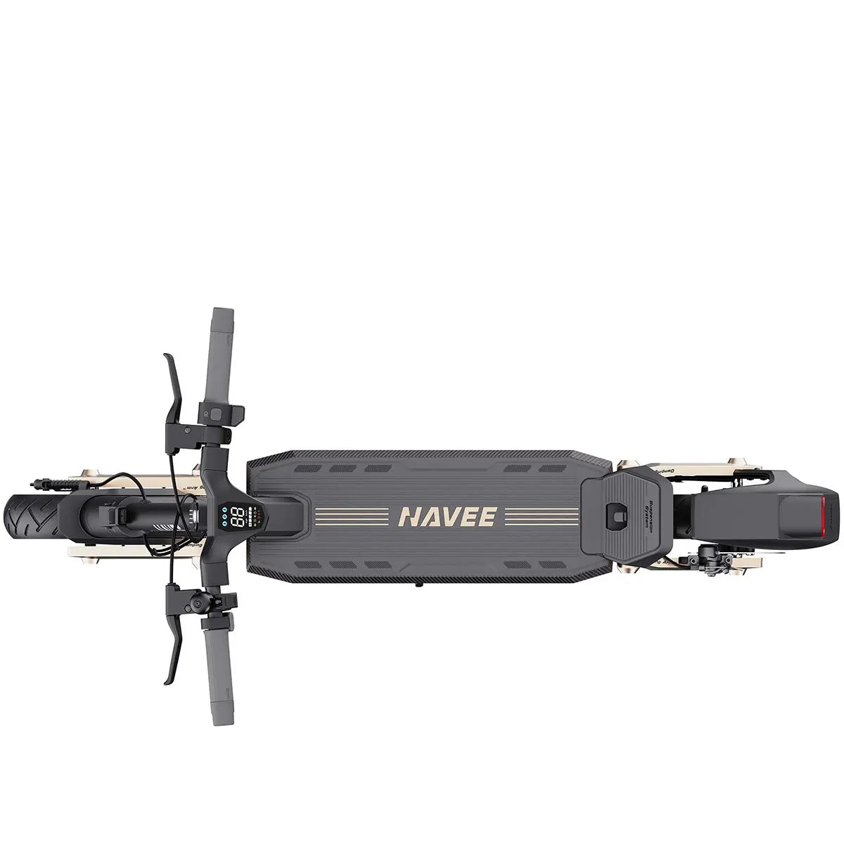 Draufsicht auf den NAVEE ST3 Pro E-Scooter – schwarz, mit dem „NAVEE“-Logo auf dem Deck, wobei Lenker und Räder zu sehen sind und die innovative elektrische Federung für eine sanfte Fahrt zur Geltung kommt – perfekt für E-Scooter-Fans in Deutschland.