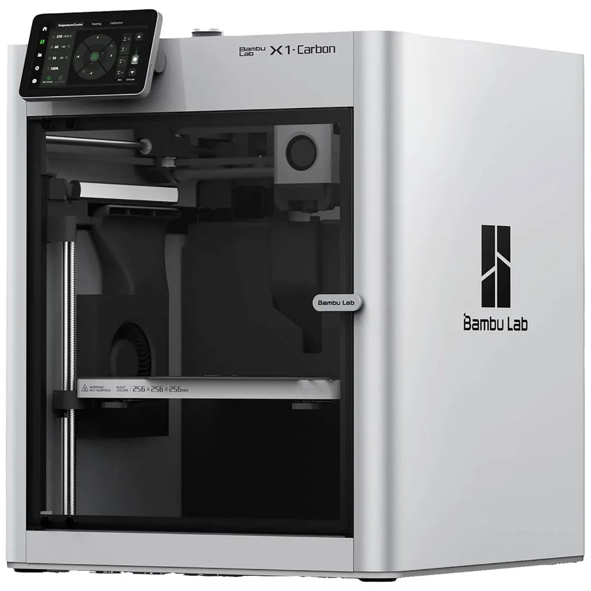 Der Bambu Lab X1-Carbon 3D Drucker in Silber von Bambu Lab verfügt über ein Touchscreen-Display und eine transparente Frontabdeckung.