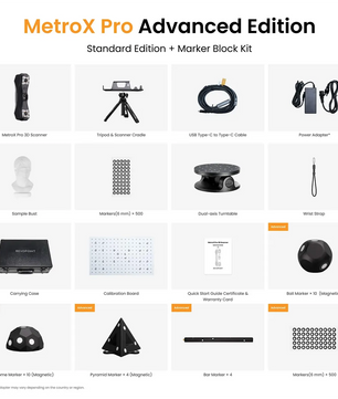 Der Revopoint MetroX Pro Advanced Edition 3D-Scanner (schwarz) umfasst einen 3D-Scanner, ein Stativ, Kabel, Marker, einen Drehteller und eine Tragetasche – alles, was für eine präzise 3D-Digitalisierung benötigt wird.