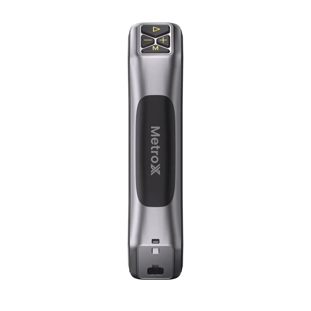Der Revopoint MetroX Pro Advanced Edition 3D-Scanner in Schwarz ist ein Handgerät mit Bedientasten und einem Display auf der Oberseite, das für den Einsatz als Handscanner oder 3D-Scanner konzipiert ist.