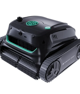 Der WYBOT S2 Solar Vision Akku-Poolroboter von WYBOT in Schwarz verfügt über kettenartige Raupenketten und grüne Akzente auf weißem Hintergrund; ausgestattet mit einer KI-gestützten Schmutzerkennung sorgt er für eine besonders effiziente Poolreinigung.