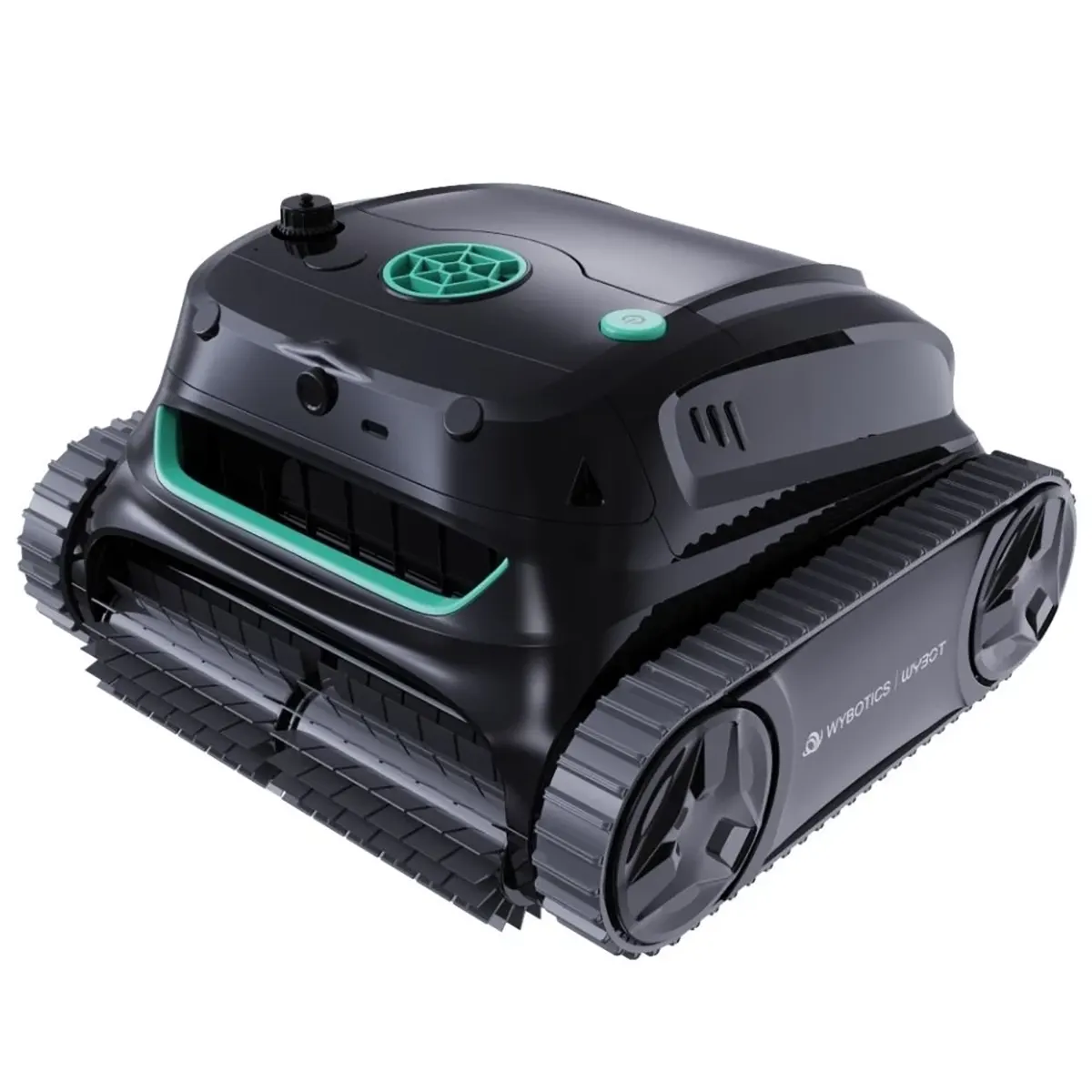 Der WYBOT S2 Solar Vision Akku-Poolroboter von WYBOT in Schwarz verfügt über kettenartige Raupenketten und grüne Akzente auf weißem Hintergrund; ausgestattet mit einer KI-gestützten Schmutzerkennung sorgt er für eine besonders effiziente Poolreinigung.
