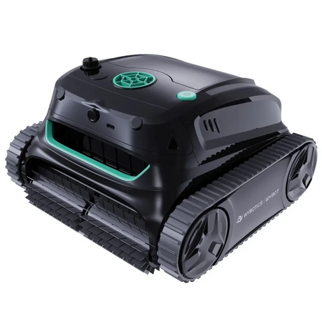 Der WYBOT S2 Solar Vision Akku-Poolroboter von WYBOT in Schwarz verfügt über kettenartige Raupenketten und grüne Akzente auf weißem Hintergrund; ausgestattet mit einer KI-gestützten Schmutzerkennung sorgt er für eine besonders effiziente Poolreinigung.