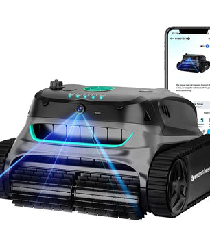 Der WYBOT S2 Solar Vision Akku-Poolroboter – schwarz verfügt über fortschrittliche Sensoren, robuste Laufketten und eine Smartphone-Anbindung über eine Steuerungs-App – unterstützt durch die KI-gestützte Schmutzerkennung von WYBOT für eine effiziente Poolreinigung.