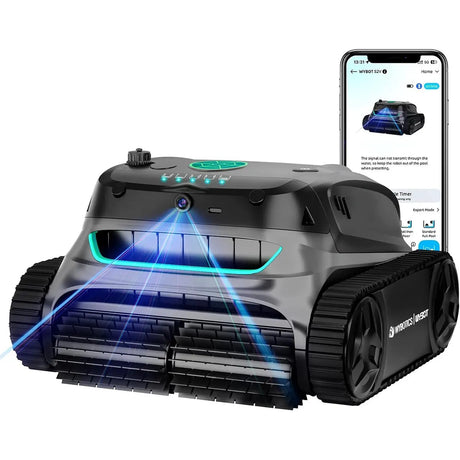 Der WYBOT S2 Solar Vision Akku-Poolroboter – schwarz verfügt über fortschrittliche Sensoren, robuste Laufketten und eine Smartphone-Anbindung über eine Steuerungs-App – unterstützt durch die KI-gestützte Schmutzerkennung von WYBOT für eine effiziente Poolreinigung.