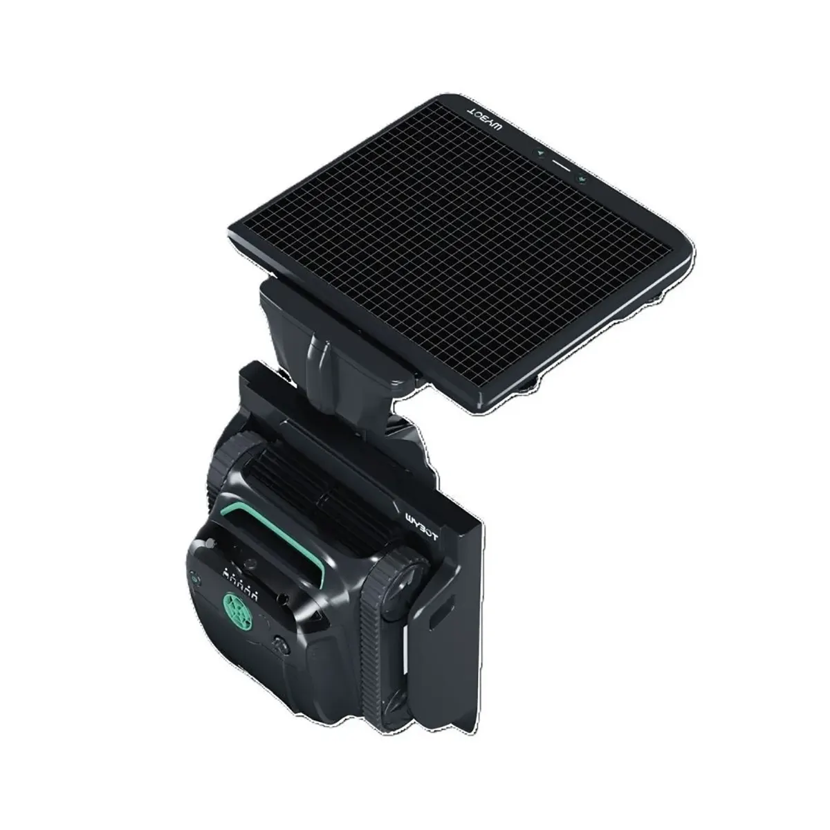 Schwarzer WYBOT S2 Solar Vision Akku-Poolroboter von WYBOT mit einem quadratischen Solarpanel auf der Oberseite, ausgestattet mit fortschrittlicher KI-gestützter Schmutzerkennung, isoliert vor einem weißen Hintergrund.