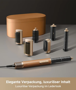 Das DREAME AirStyle Pro 7-in-1-Hairstyler-Set von DREAME mit mehreren Aufsätzen und passender Aufbewahrungstasche auf grauer Oberfläche.