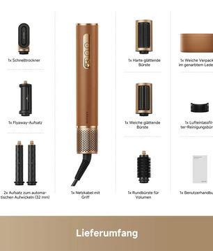 Abbildung mit der DREAME AirStyle Pro 7-in-1-Hairstyler von DREAME mit mehreren Bürstenaufsätzen, einem Aufbewahrungsetui und einer Bedienungsanleitung.