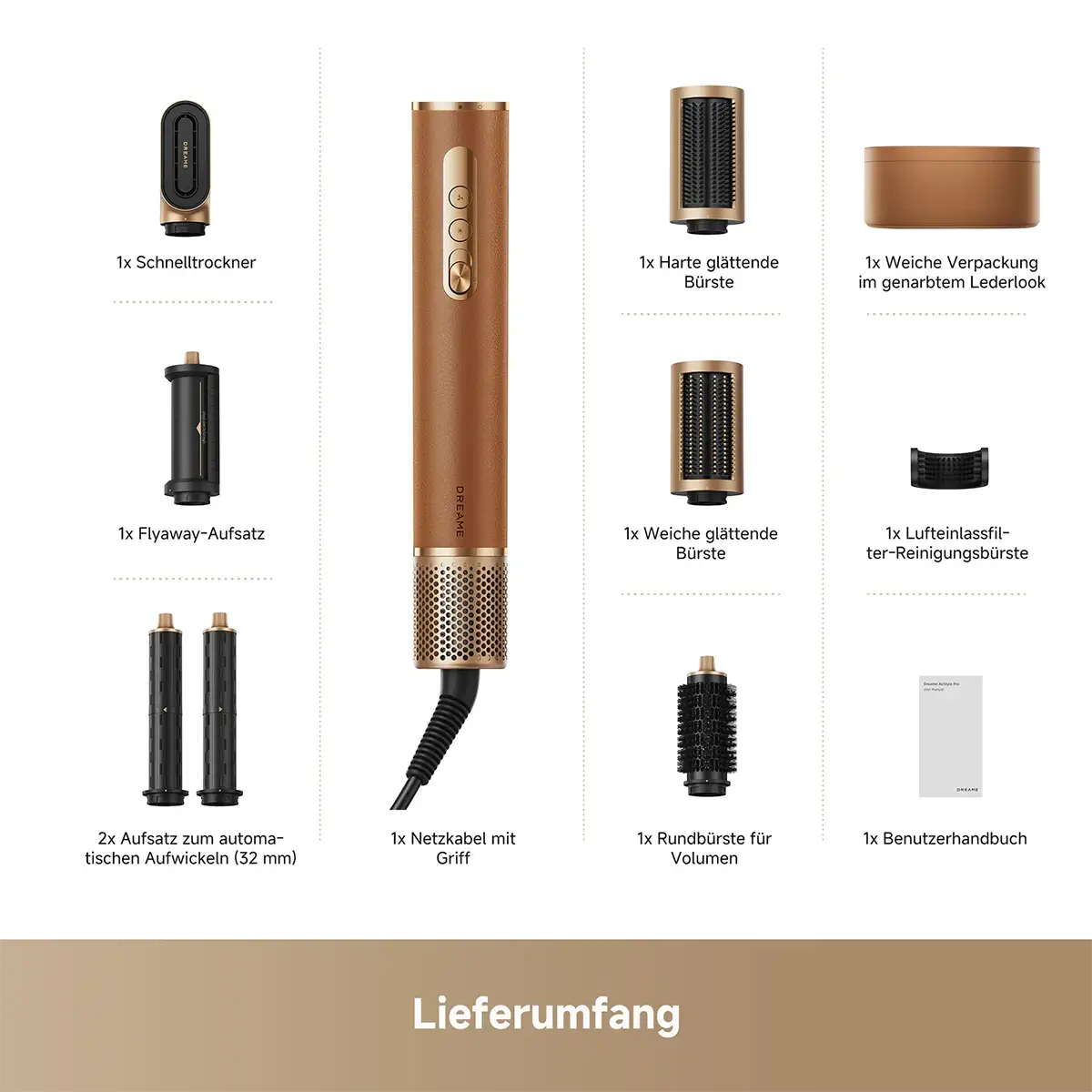 Abbildung mit der DREAME AirStyle Pro 7-in-1-Hairstyler von DREAME mit mehreren Bürstenaufsätzen, einem Aufbewahrungsetui und einer Bedienungsanleitung.