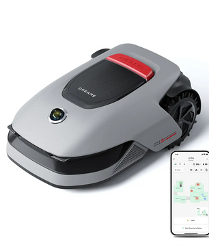 Der DREAME Roboticmower A1 Pro Mähroboter in Grau mit schwarzen Rädern und Dreame-Logo ist neben einem Smartphone zu sehen, auf dessen Bildschirm eine App-Karte angezeigt wird. Er verfügt über innovative LiDAR-3D-Sensorik für präzise Navigation und die drahtlose Einrichtung von Begrenzungszonen.