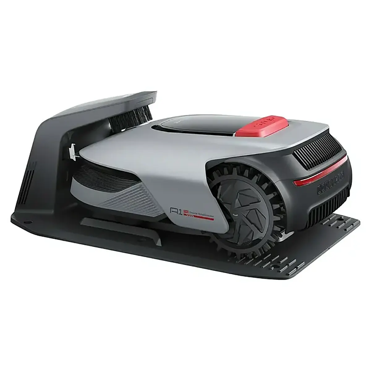 Der Mähroboter „Dreame Roboticmower A1 Pro“ von DREAME in eleganter grauer Ausführung steht in seiner Ladestation und verfügt über fortschrittliche LiDAR-3D-Sensortechnologie für präzise Navigation und effizientes Rasenmähen.