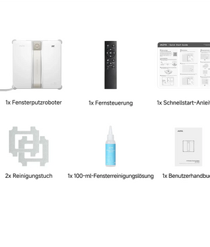 Der MOVA N1 Fensterreinigungsroboter – weiß von MOVA wird als komplettes Fensterreinigungsroboter-Set geliefert, bestehend aus dem Fensterreinigungsroboter, einer Fernbedienung, einer Kurzanleitung, zwei Reinigungstüchern, Reinigungslösung und einer Bedienungsanleitung. Er verfügt über ein Dualflügel-Sprühsystem für effiziente und streifenfreie Ergebnisse.