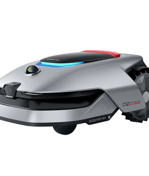 Der DREAME Dreame A2 2000 Rasenmähroboter in Grau mit großen Rädern und modernem Design verfügt über LiDAR-Navigation und kabellose Begrenzungsfestlegung; abgebildet auf weißem Hintergrund.