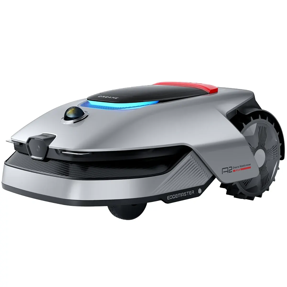 Der DREAME Dreame A2 2000 Rasenmähroboter in Grau mit großen Rädern und modernem Design verfügt über LiDAR-Navigation und kabellose Begrenzungsfestlegung; abgebildet auf weißem Hintergrund.
