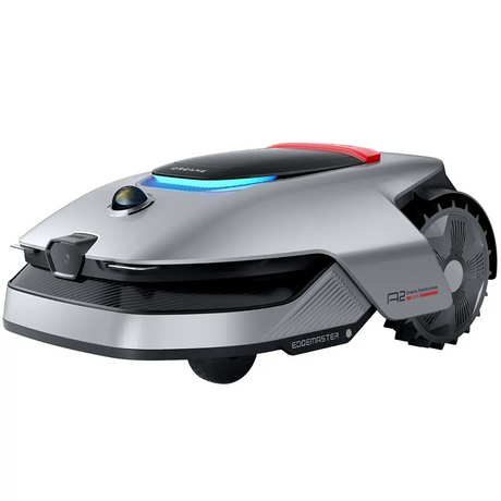 Der DREAME Dreame A2 2000 Rasenmähroboter in Grau mit großen Rädern und modernem Design verfügt über LiDAR-Navigation und kabellose Begrenzungsfestlegung; abgebildet auf weißem Hintergrund.