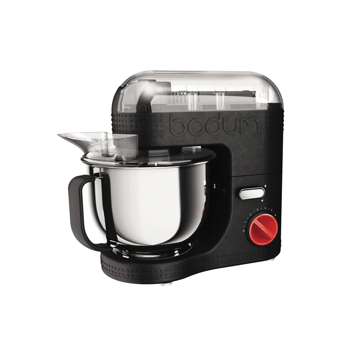 Die Bodum Bistro 11381 Küchenmaschine in Schwarz verfügt über einen leistungsstarken 700-Watt-Motor, schlankes Retro-Design, einen durchsichtigen Deckel, ein rotes Ziffernblatt und das Bodum-Logo an der Seite.